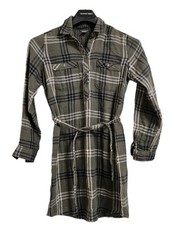 Eddie Bauer Green Plaid Soft Flannel Shirt Dress Size 6 Belted Side Pockets VGUC