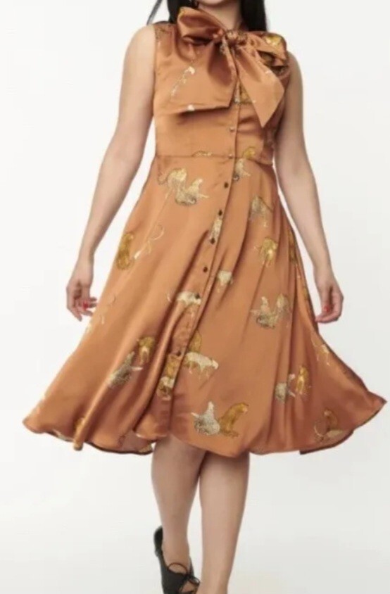 UNIQUE VINTAGE Rust & Leopard Cat Print Swing Dress with POCKETS Size SMALL**NEW