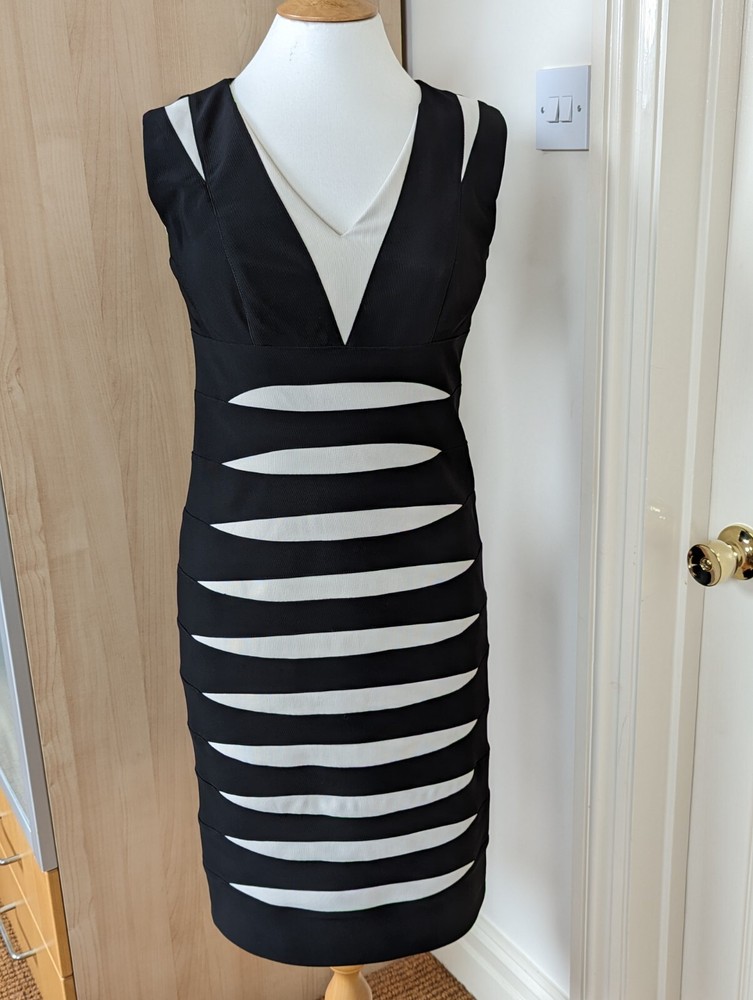 Alexon Black Cream Bodycon Colour Block Sexy Dress UK 10 Fully Lined Date NWOT