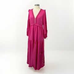 Hale Bob Josephine Maxi Dress Sz Large Embroidered Tiered Pink Boho Party