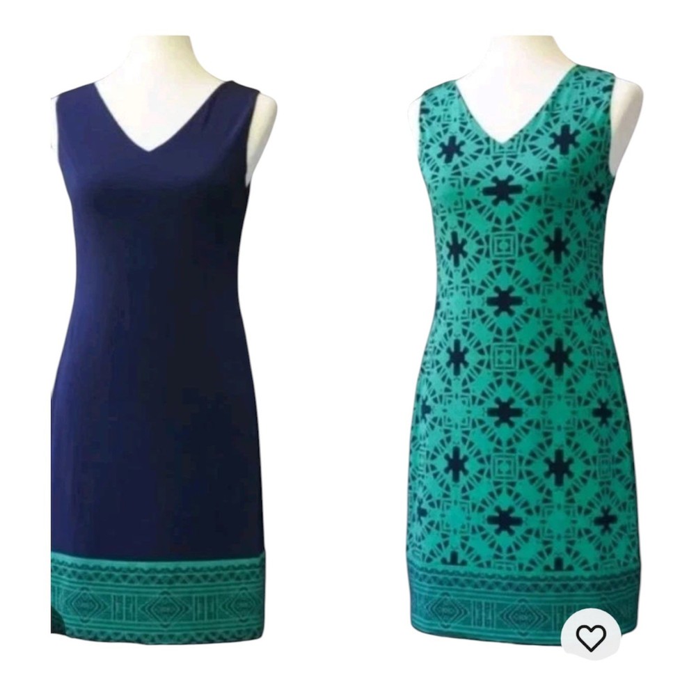 Magnolia Grace Perissa Reversible Shift Dress Green Navy Geometric Print Size L