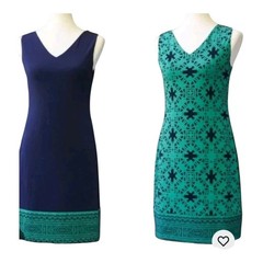 Magnolia Grace Perissa Reversible Shift Dress Green Navy Geometric Print Size L
