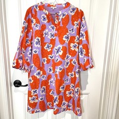 Jodifl Floral Print Shift Dress Pockets Orange Mix Bishop Sleeves M Cottage Core