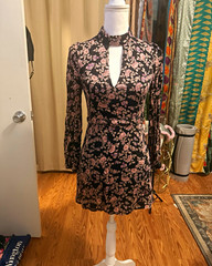 Honey Punch Black Pink Floral Mini Dress High Neck Keyhole Long Sleeve S