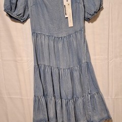 She + Sky Sz M Blue Tencel Denim Tiered Dress Square Neck Puff Sleeve Tie Back