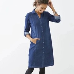 J. Jill Denim Shirt Dress Button Front Blue Dark Wash Roll Tab S Classic Utility