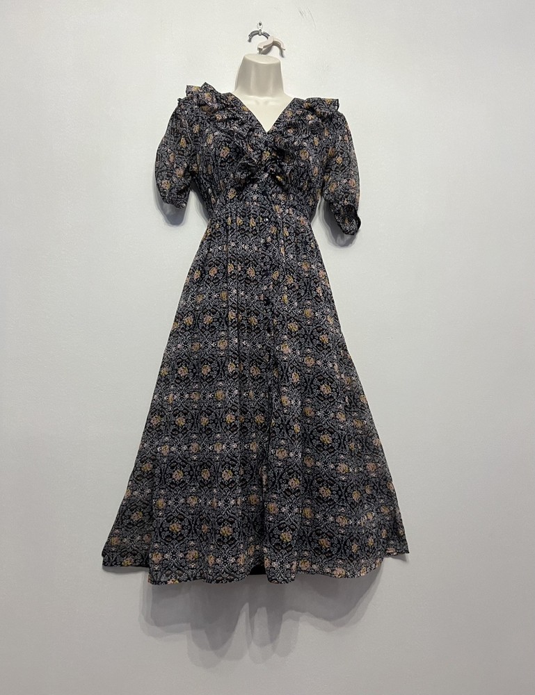 Object Blue Ruffle V Neck Button Up Lined Midi Dress UK 8/10