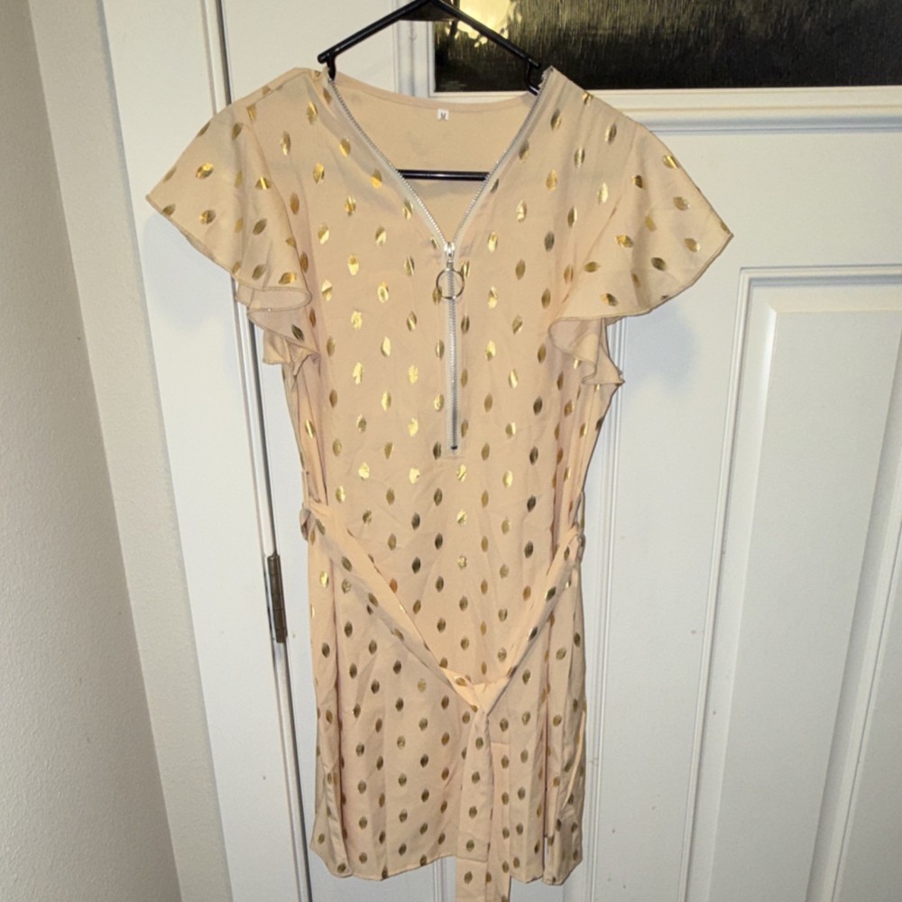 Beige Gold Polka Dot Metallic Print Zip Belted A-Line Dress Short Sleeve M