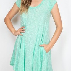 Lollipop Star Mint Ribbed Knit Pockets Crewneck Cap Sleeve Soft Summer Dress