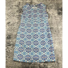 Jessica London 12W Blue White Peach Linen Rayon Maxi Dress Floral Tile Resort