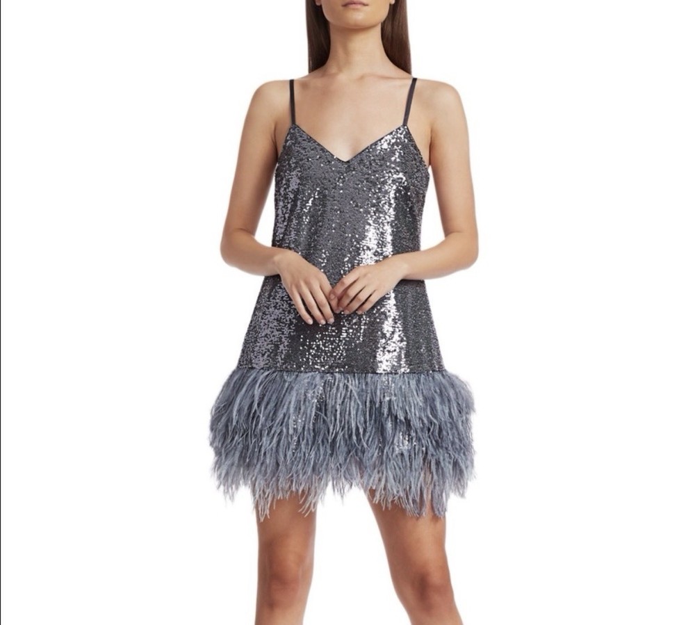 Cinq à Sept Silver Sequin Feather Hem V-Neck Strappy Mini Dress Zip Size 2