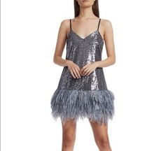 Cinq à Sept Silver Sequin Feather Hem V-Neck Strappy Mini Dress Zip Size 2