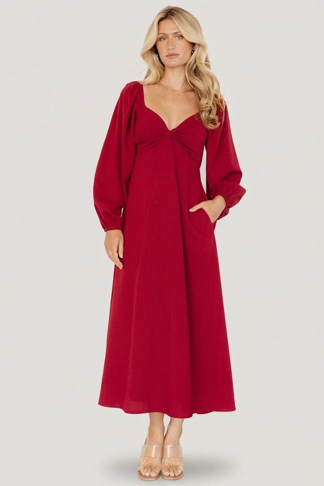 BalticBorn medium red Rosalie back tie midi maxi dress boho long sleeve wedding