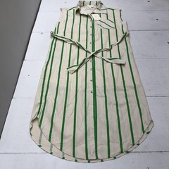 Entro Dress Womens M Beige Green Striped Sleeveless Button Shirt Maxi Belted