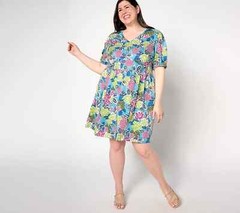 AnyBody Petite Printed Puff-Sleeve Woven Dress-Stillwater-Petite Medium A643888