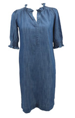 Talbots Chambray Ruffle Shift Dress Women Size XS Blue Elbow Sleeves Smocked New