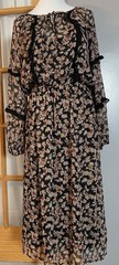 Boho Floral Chiffon Midi Dress Sz L Black Beige Metallic Trim Ruffles Prairie
