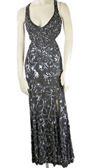 Cassandra Stone Black Silver Silk Beaded Embroidered Gown V Neck Dress Womens 0