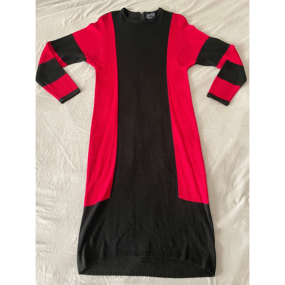 Vintage Jennifer Moore Black and Red Maxi Long Sleeve Sweater Dress SZ Med