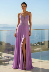 Long Lilac Chiffon Lace Top Prom Dress Size 10 High Slit Event Formal Gown