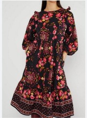 Boohoo Multicolored Botanical Print Tiered MIDI Dress Size M