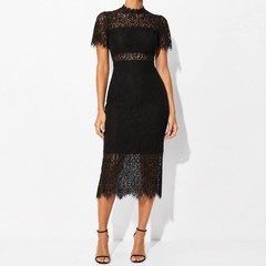 Glamorous Little Black Dress | Lace Midi Semi Formal Cocktail Wedding [size M]