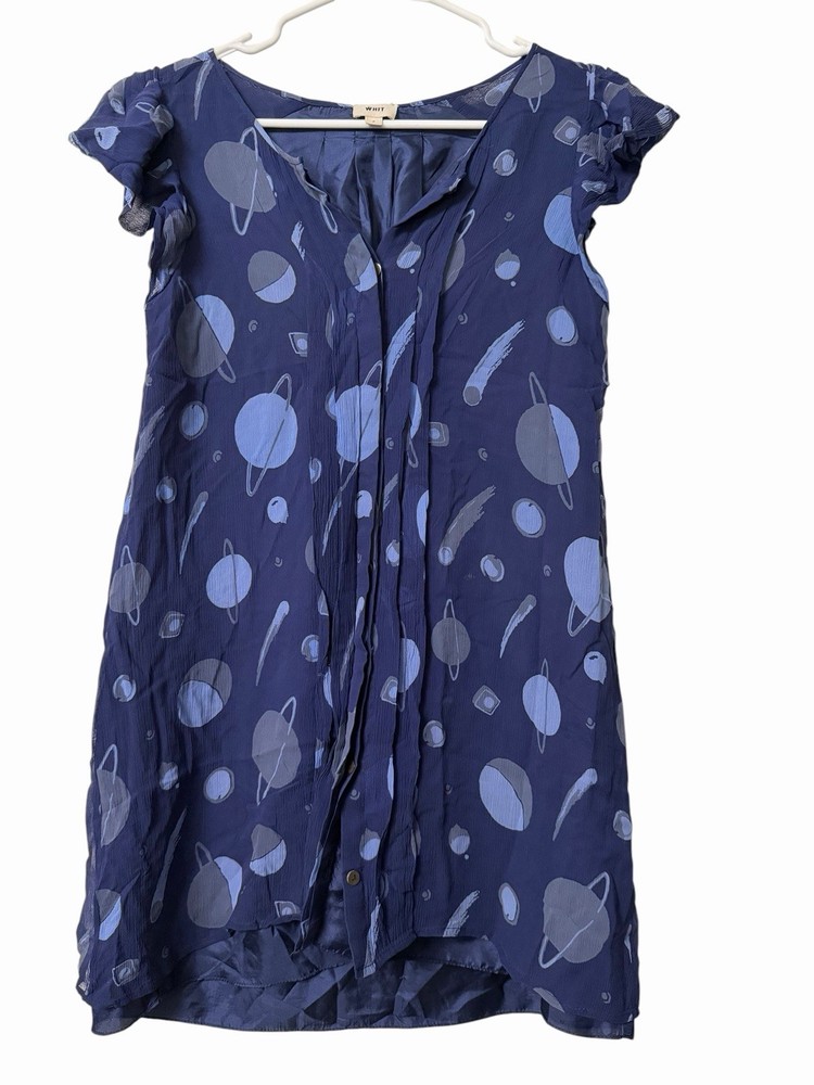WHIT Navy Celestial Planet Print Shift Dress Whitney Pozgay 100% Silk Chiffon
