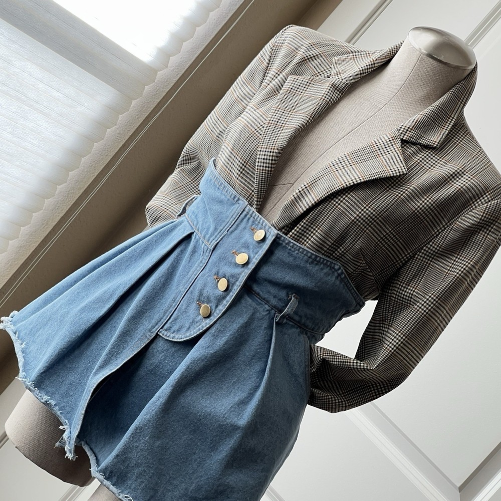 Akira Minding Mine Size Small Hybrid Tailored Plaid Blazer w/ Denim Skirt