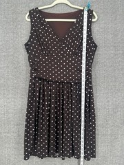Brown & White Polka Dot A-Line Dress L Regular Sleeveless V-Neck Lined