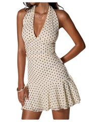 Women&rsquo;s Sleeveless Halter Backless Tie Back Floral Bodycon Small White Cream