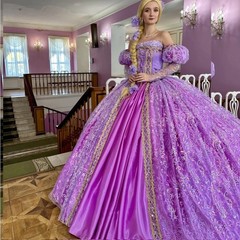 Lilac Off Shoulder Gold Rapunzel Cosplay Quinceanera Ball Gown Long Train Dress