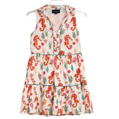 Kiel James Patrick Linen Dress Nautical Seahorse Coral Colorful Print Tiered SzS