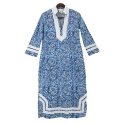 SAIL TO SABLE Caftan Dress Blue Size XL 100% Cotton Block Print Floral Classic