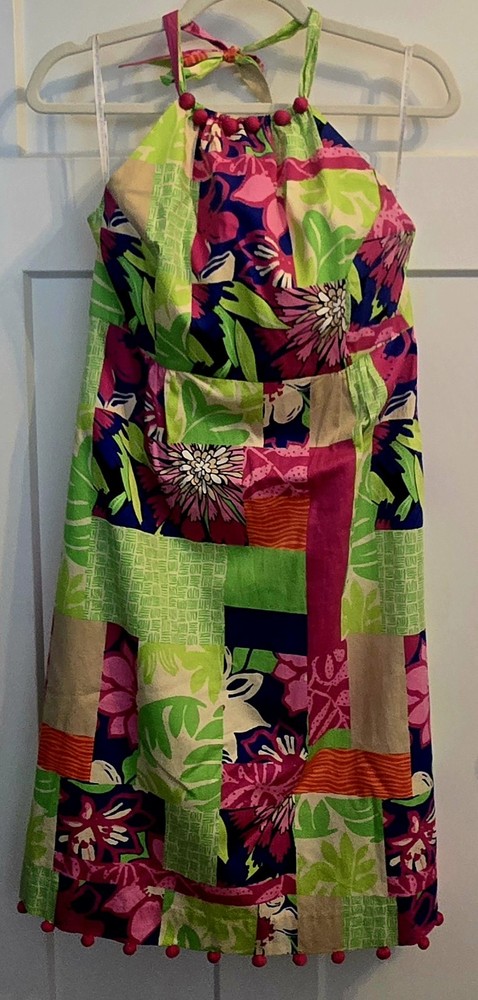 Lilly Pulitzer Brighton Halter Dress Women Size 10 Pom Pom Trim Patchwork Print