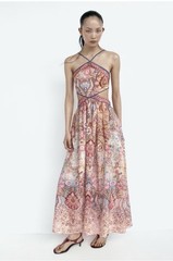 NWT VIRAL H&M Cutout Halter-neck Dress Light Orange/Paisley 1338846001 Sz M