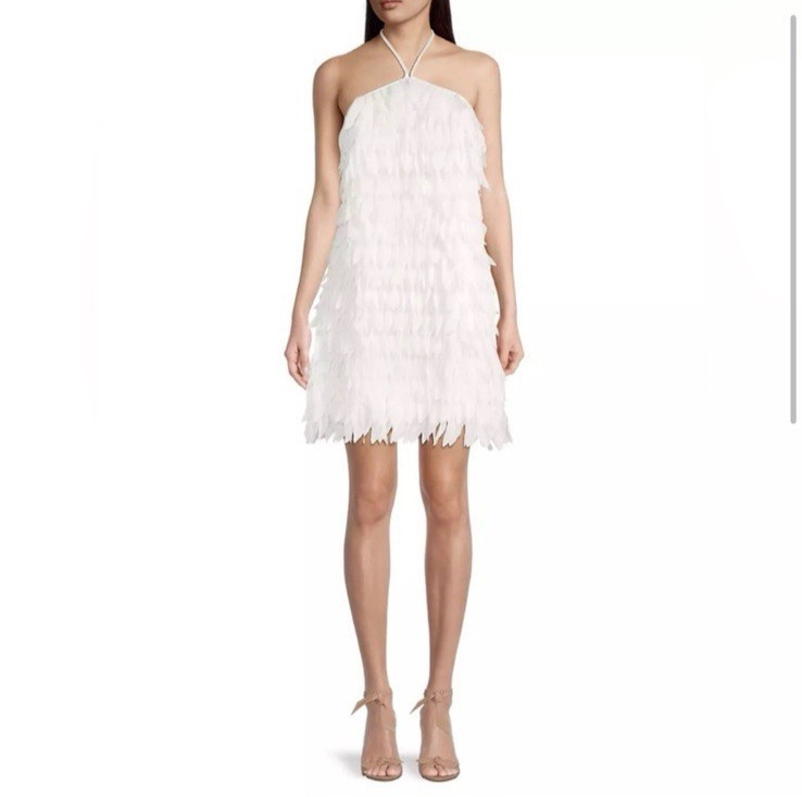 NWD $295 Aidan Mattox white fringe petal halter prom bridal honeymoon dress 2
