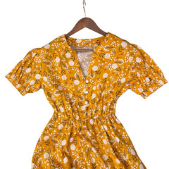 Mustard Yellow Floral Midi Dress Boho Cottagecore A-Line Elastic Waist Tie Belt