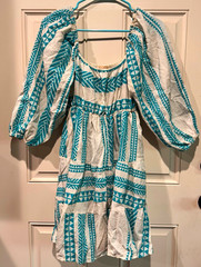 Sofia made in Italy White Blue Geometric Smocked Puff Sleeve Dress with Pockets