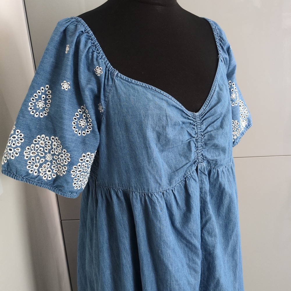 Roman Size 20 Short New Cotton Chambray Dress Embroidered Sleeves Milkmaid Style