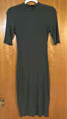 Express Olive Green Solid Ribbed Knit Mock Neck 1/2 Sleeve Sheath Midi Dress XS