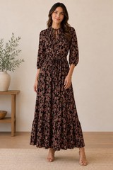 Calvin Klein Black Brown Floral Maxi Dress Pockets Smocked 14 Cottagecore