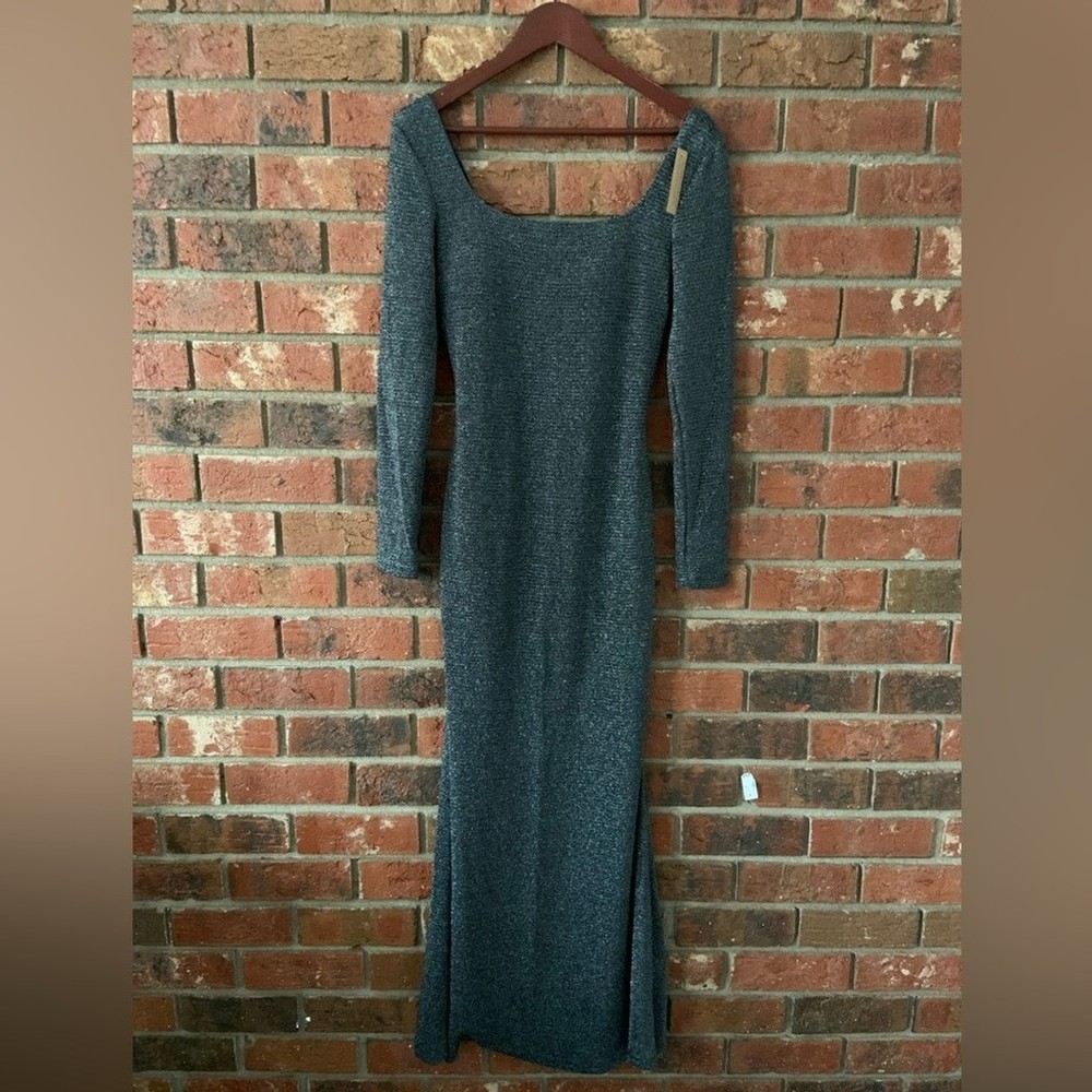 Shapellx Elegant Silver Metallic Stretch Long Sleeve Dress
