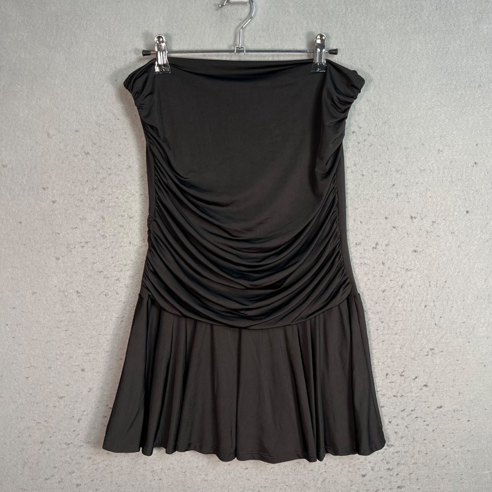 Motel Black Off-Shoulder Ruched Mini Dress Womens Large Stretch Fabric