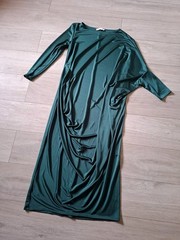 MNG Mango Bottle Green Maxi Balloon Dress Lagenlook Oversized Ruched UK14/16 (L)
