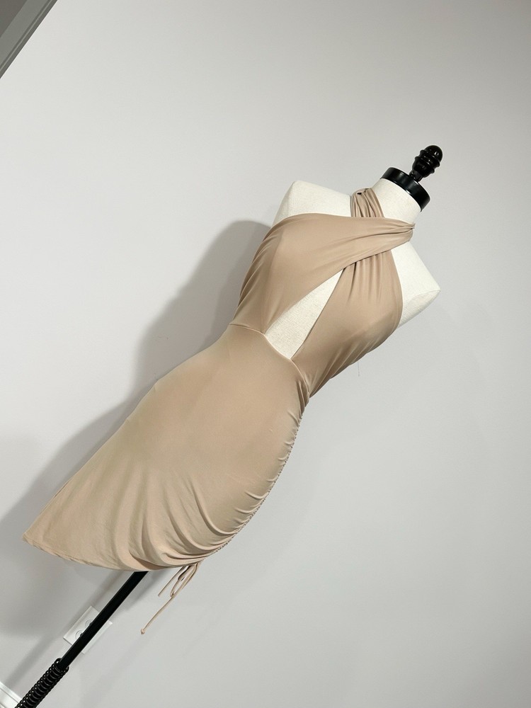 Saint Beige Solid Halter Ruched Stretch Bodycon Midi Dress M Mesh Poly/Spandex