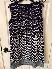 AB Studio Navy White Abstract Sheath Dress Gold Shoulder Zips Size 12
