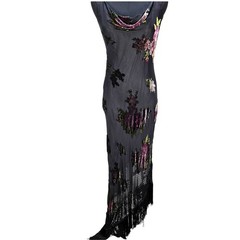 Women&rsquo;s Papell 12 Silk Velvet Burnout Beaded Floral Fringe Maxi Dress Whimsigoth