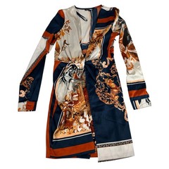 Fashion Nova Womens XS Baroque Scarf Print Long Sleeve V-Neck Mini Dress Navy