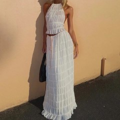 2pcs Women&rsquo;s Sleeveless Backless Cropped Halter Top Dress w/ Pleated Long Skirt