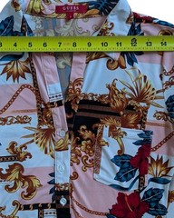 ​Guess Baroque Chain Print Bodycon Shirt Dress Pink Gold Long Sleeve Small Y2K